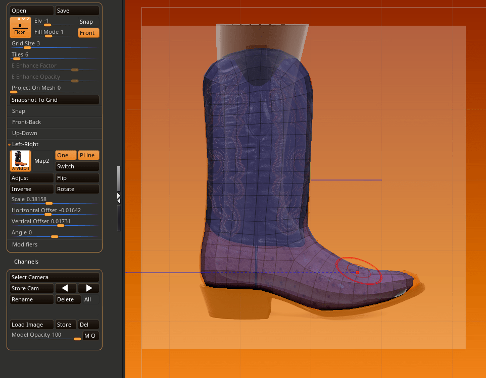 Laying out reference image in Zbrush to 3D Model the boot side profile