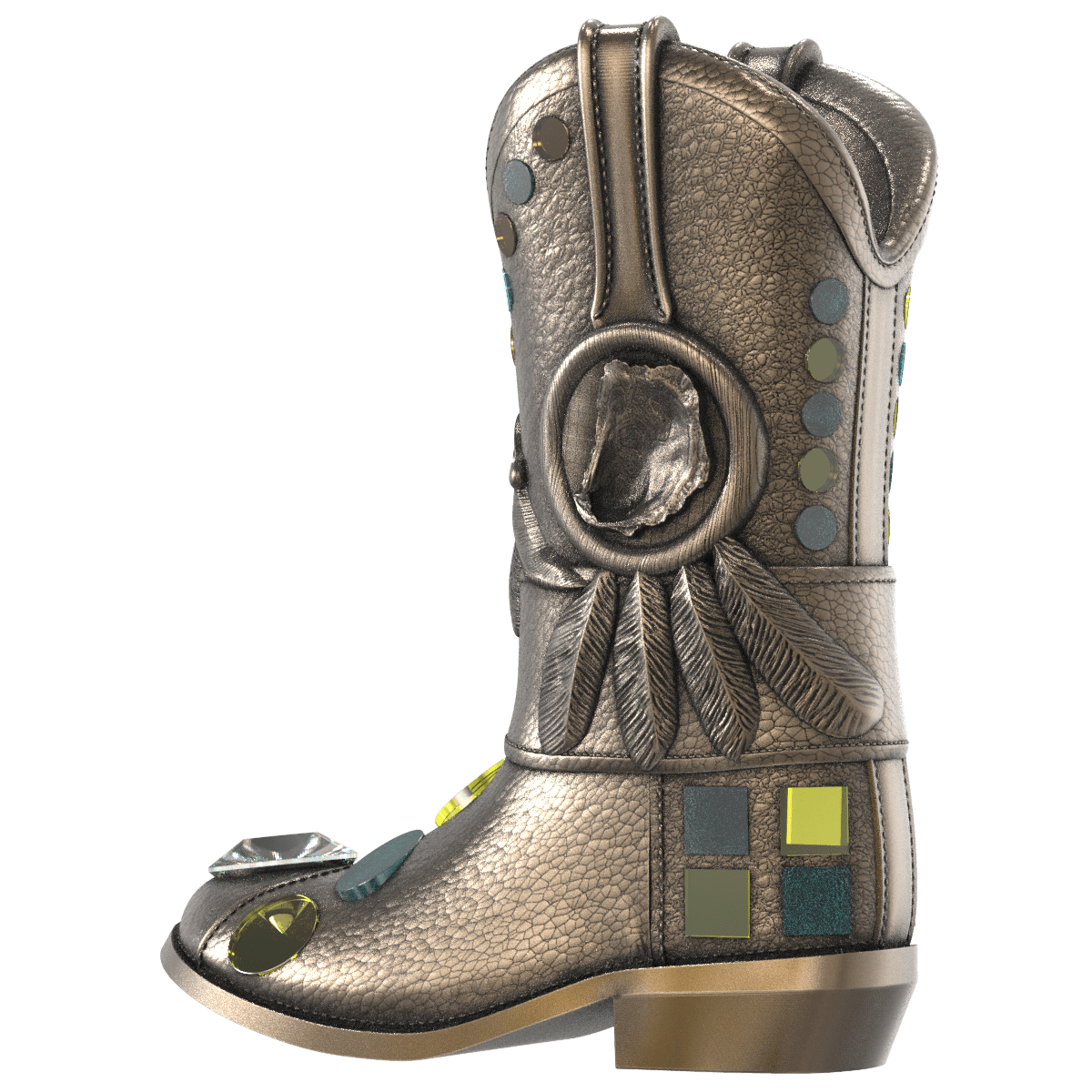 Left side Keyshot rendering of Boots and Bling in bronze rub and colored glass material