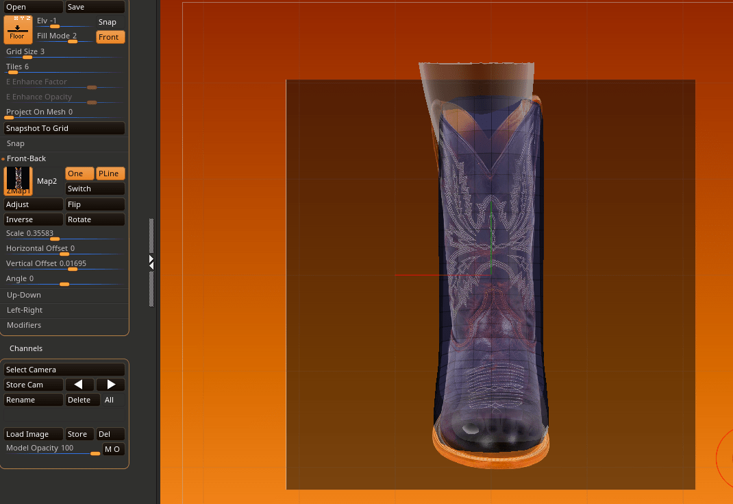 Laying out reference image in Zbrush to 3D Model the boot front profile