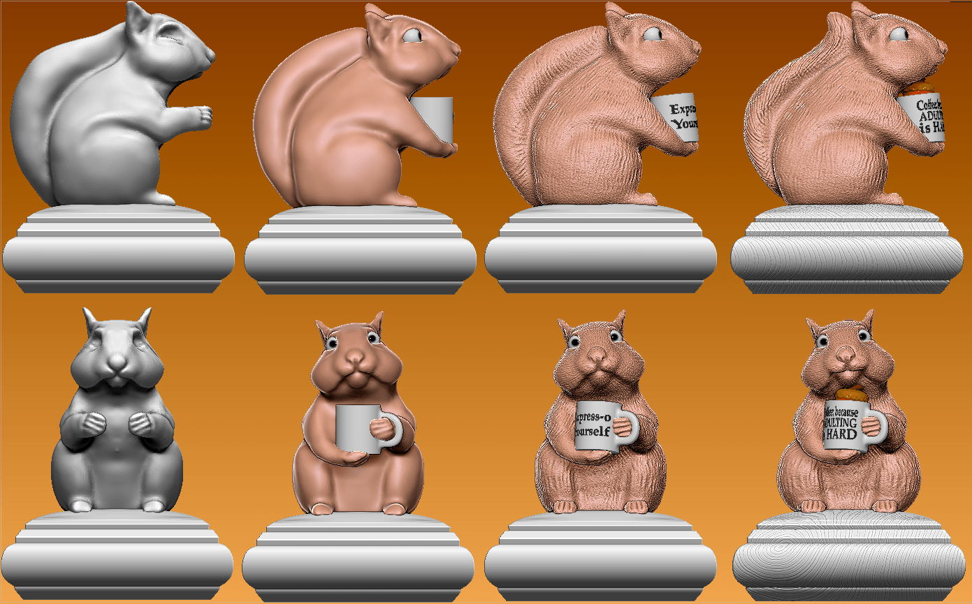 3D modeling process of a squirrel figurine with coffee mug – step-by-step sculpting and texturing for custom collectibles