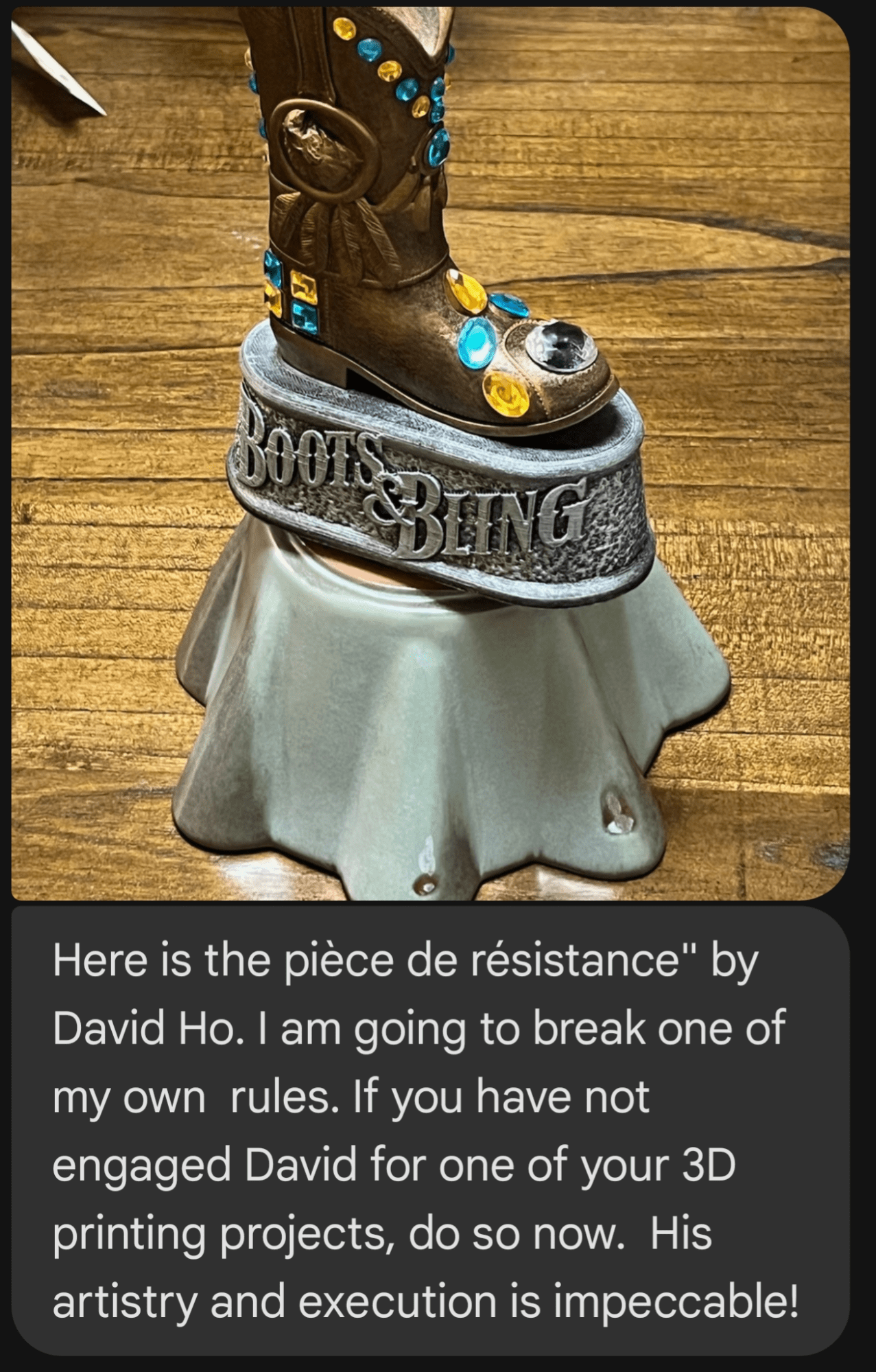 Screenshot of a group text from birthday lady recommending David Ho for 3D modeling service