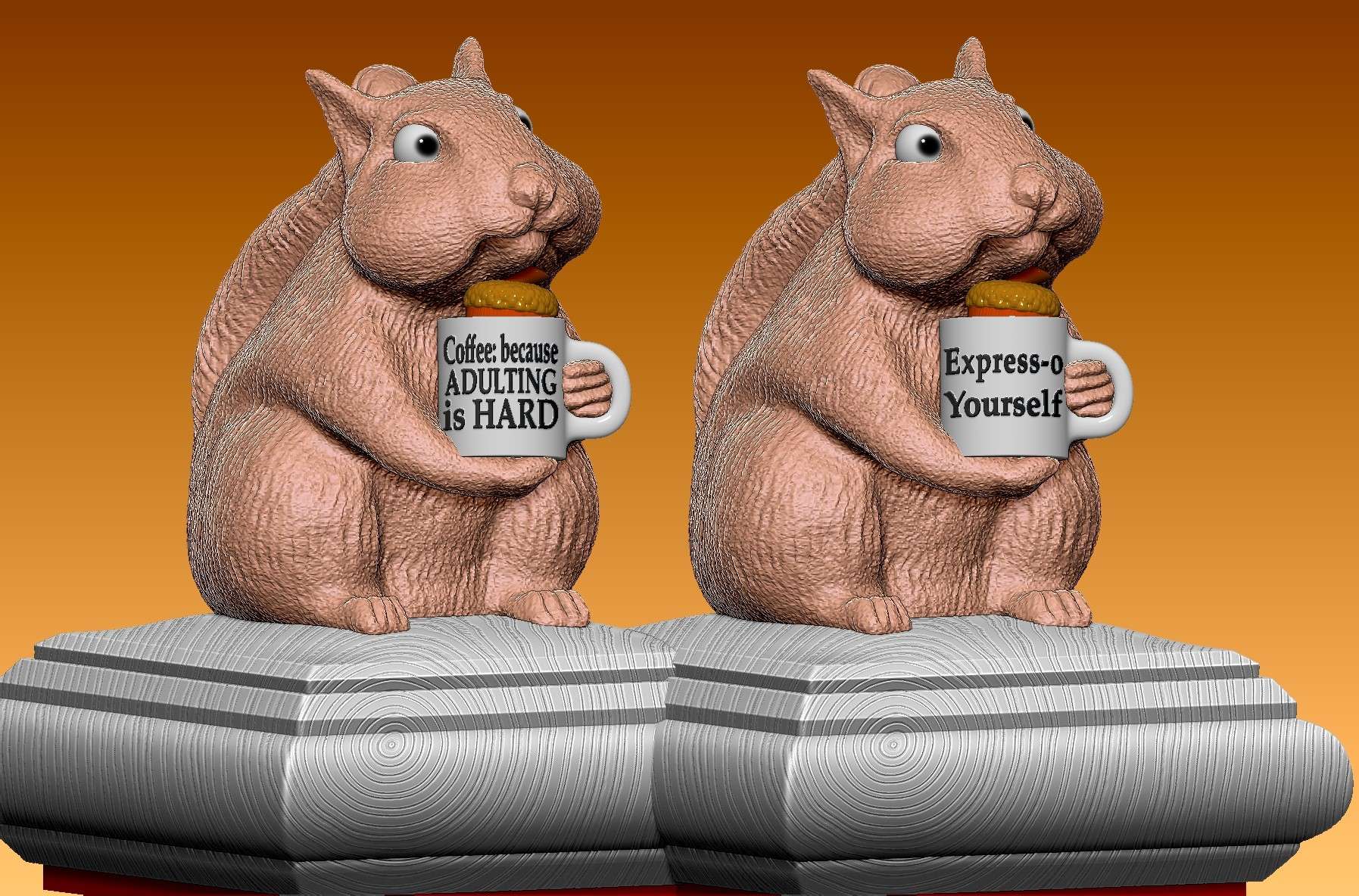 Two detailed 3D-modeled squirrels sit on carved pedestals, each holding a coffee mug with a donut inside. The left mug says “Coffee: because ADULTING is HARD” and the right reads “Express-o Yourself.” Both squirrels feature textured fur, expressive eyes, and a humorous, cozy vibe. This digital sculpt highlights whimsical character design and novelty coffee-themed collectibles