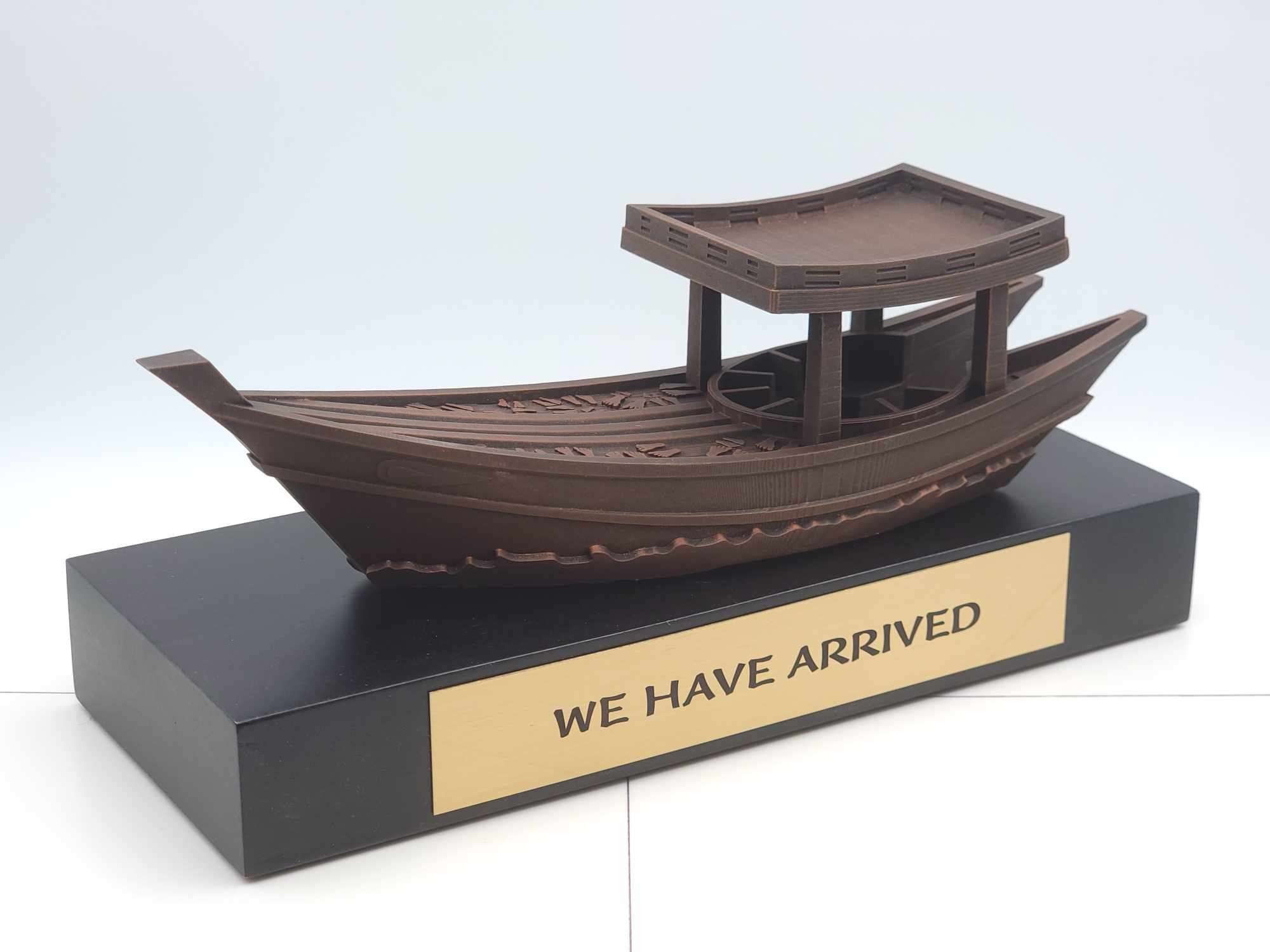 3D Printed Vietnamese Refugee Boat, Copper Rub finished on black wood base with a personalized metal clicker plate