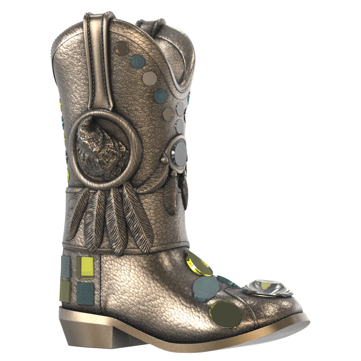 Right side Keyshot rendering of Boots and Bling in bronze rub and colored glass material