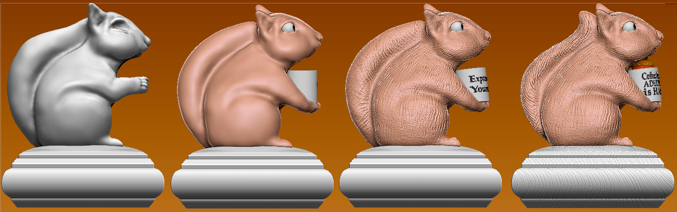 Side view 3D modeling process of a squirrel figurine with coffee mug from sculpt to finish